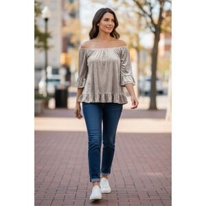 Beachlunchlounge Taupe Crushed Velvet Off Shoulder Ruffle Top L/G Champagne
